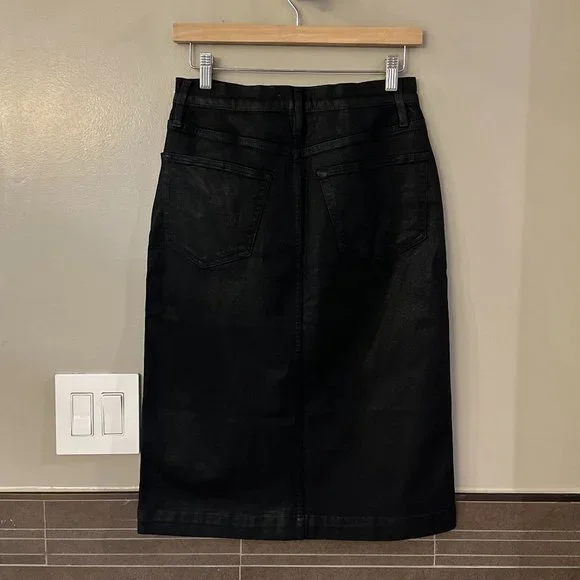 FRAME Split-Hem Coated Midi Skirt (Noir Coated Black)